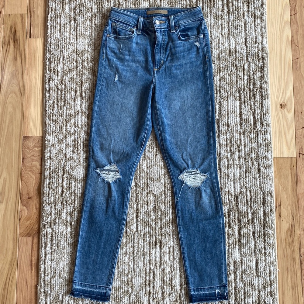 Joe’s distressed raw hem high rise skinny jeans